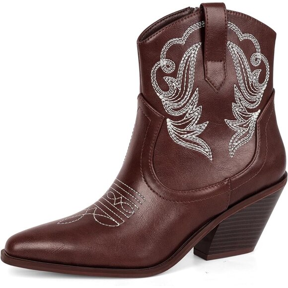 Women's Polyurethane Brown Pu Embroidered Round Toe Short Ankle Chunky Heel Boot - Picture 1 of 7